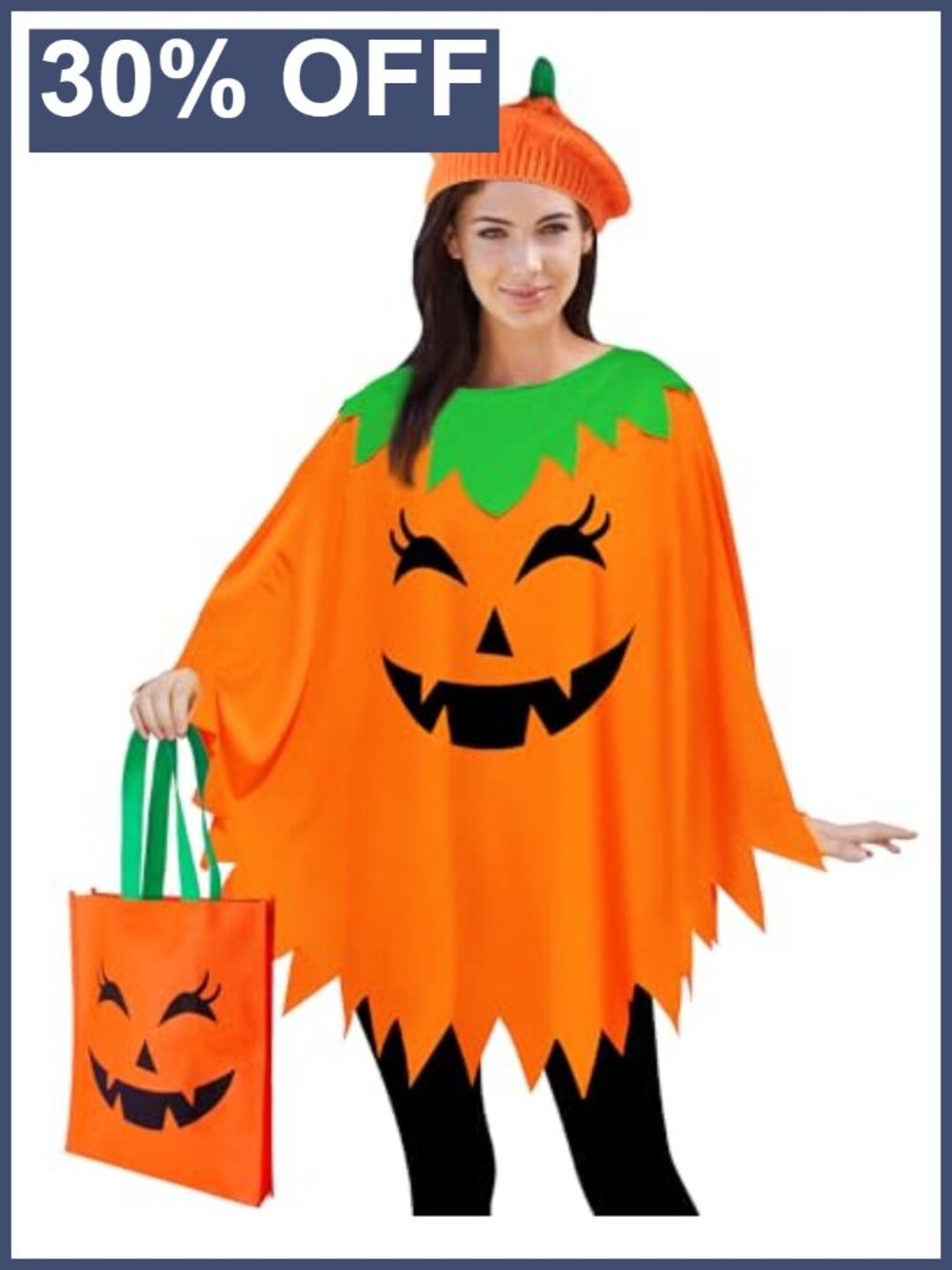 Pumpkin Poncho Costume Set Women Adult Halloween Cosplay with Beret & Candy Bag